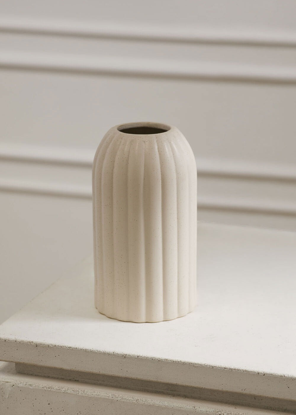 Rounded Cylinder Ceramic Ribbed Vase in Beige Cream - 8.25"