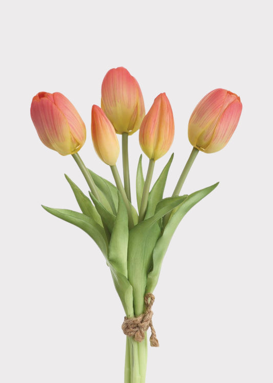 Coral Real Touch Tulip Artificial Flower Bundle of 5 - 10"