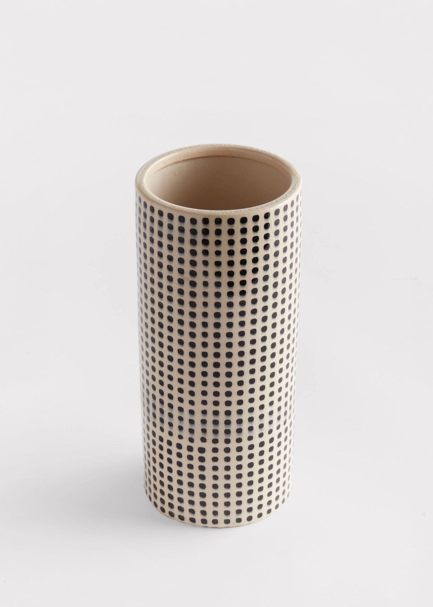 Handmade White and Black Dotted Ceramic Cylinder Vase - 11.25"