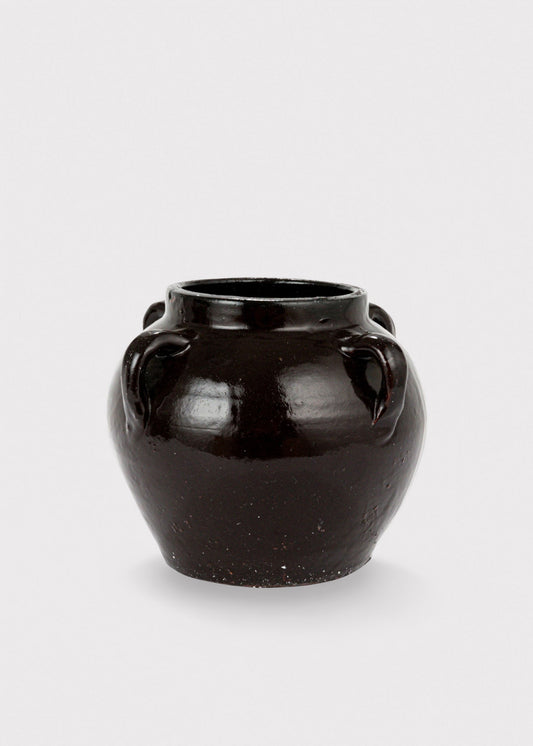 Distressed Clay Round Jar Vase in Dark Brown Black Hue - 6.75"