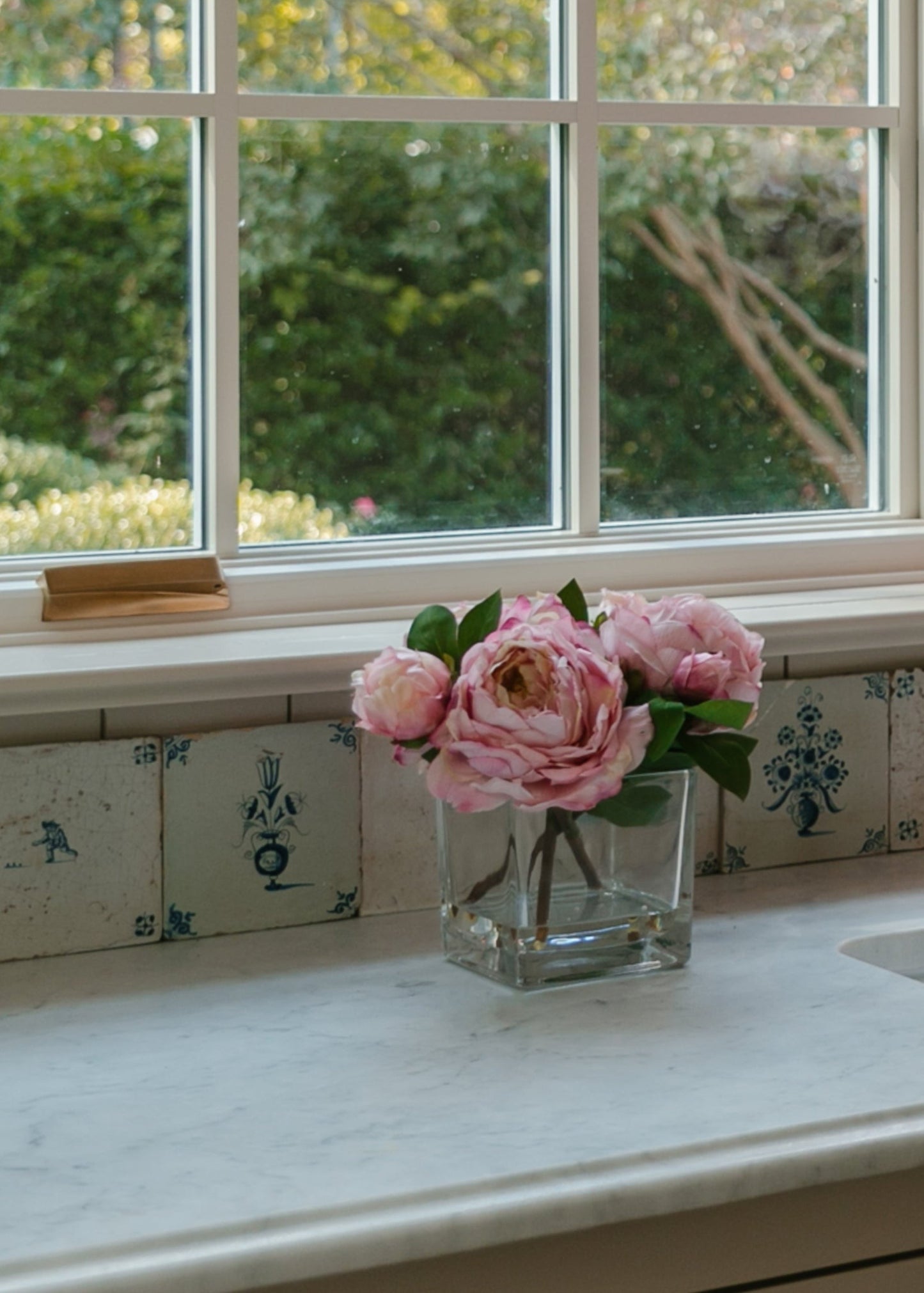 Small Pink Faux Peony Arrangement in Glass Vase - 9"