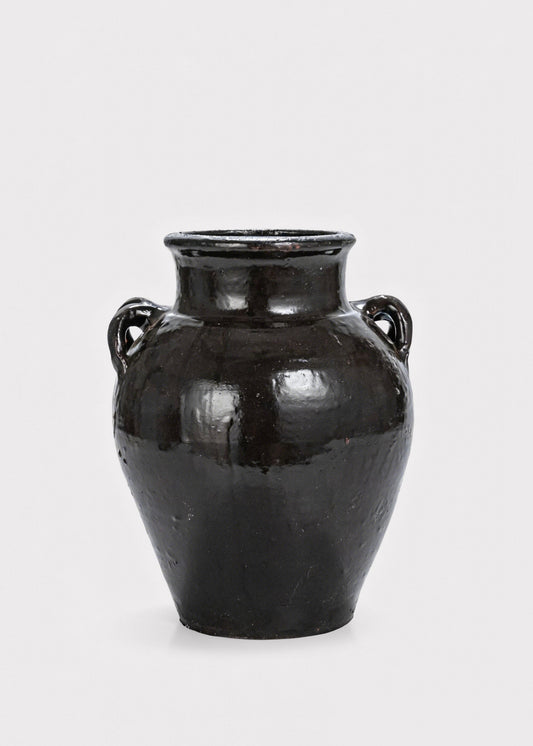 Large Distressed Clay Jar Vase in Dark Brown Black Hue - 11.75"