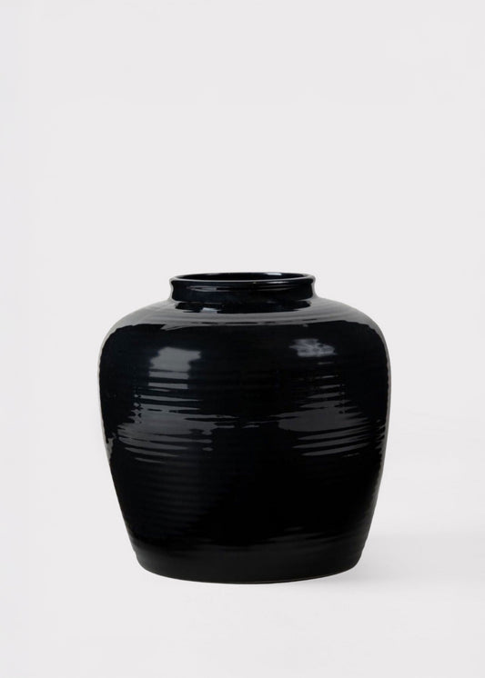 Glazed AfloralTM Ribbed Stoneware Table Vase in Noir - 8"