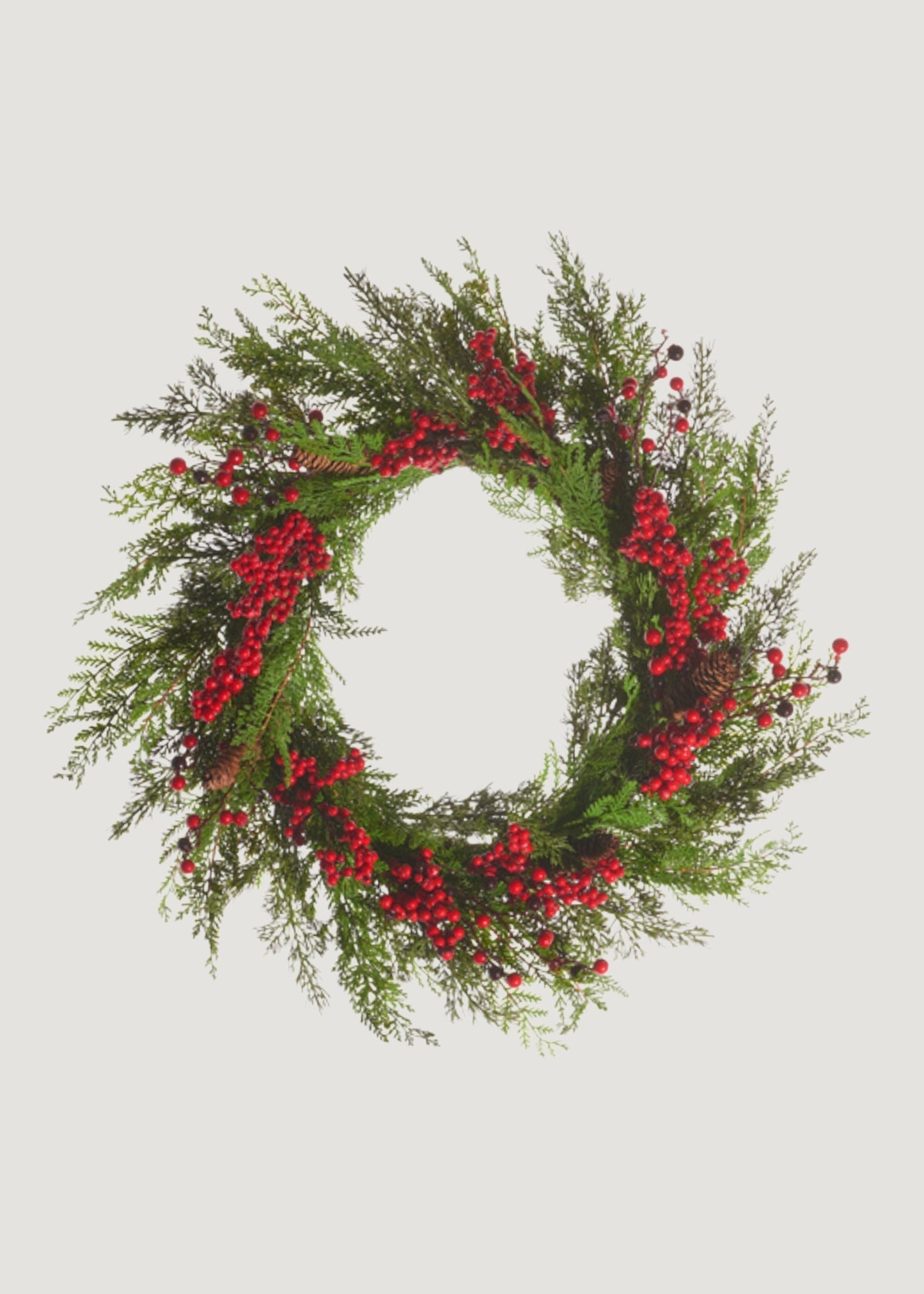 Fake Cedar Winter Wreath with Red Berries and Pine Cones - 26"