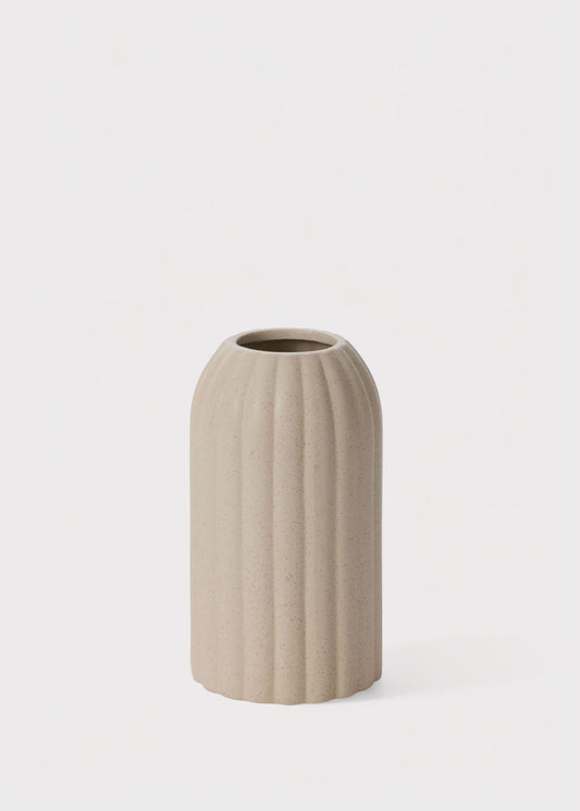 Rounded Cylinder Ceramic Ribbed Vase in Beige Cream - 8.25"