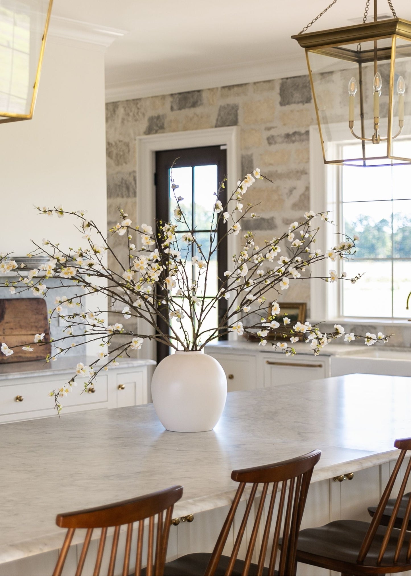 Large Luxe-FauxTM Cream Quince Branch with Konos Vase Design