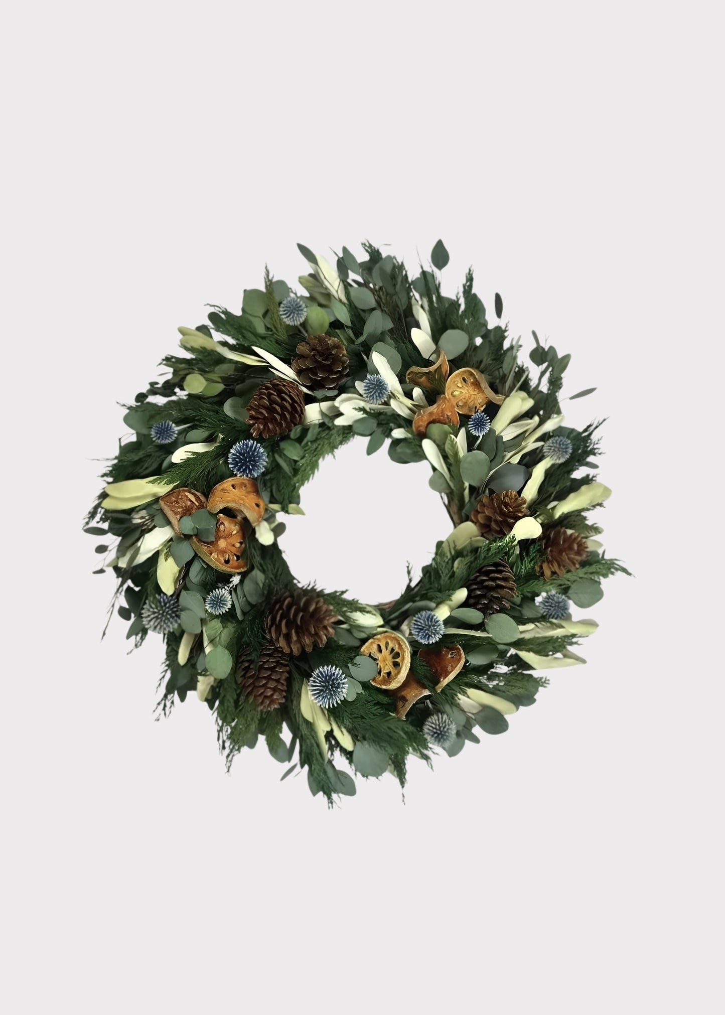 Preserved Winter Greenery Wreath with Quince and Cones - 22"