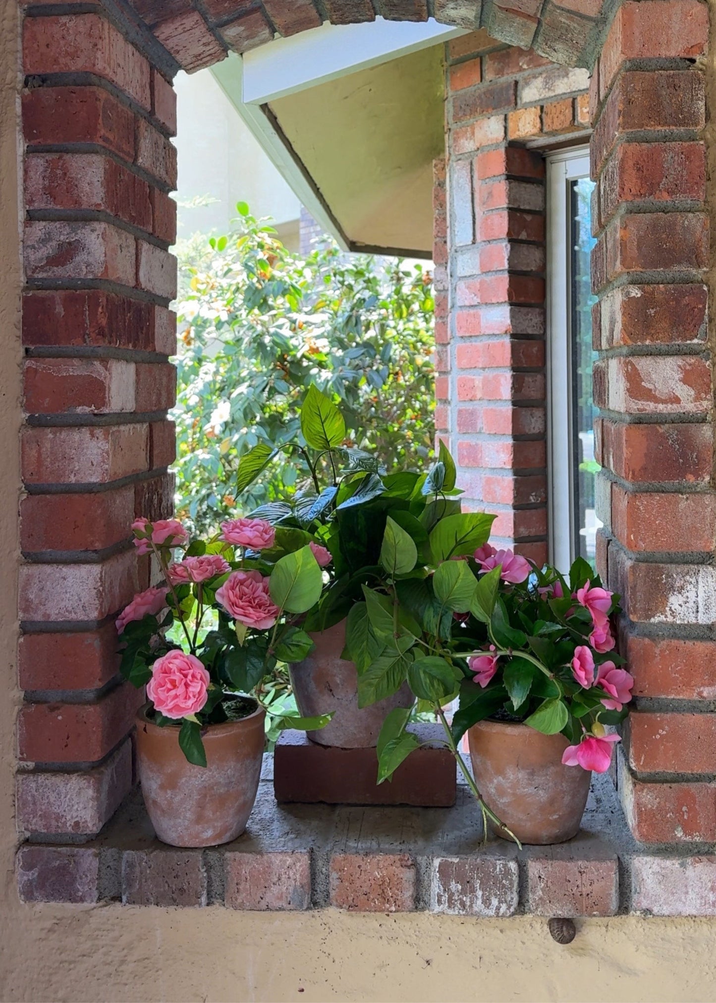 UV Treated Pink Fake Impatiens Potted Outdoor Plant in Clay Pot - 12"