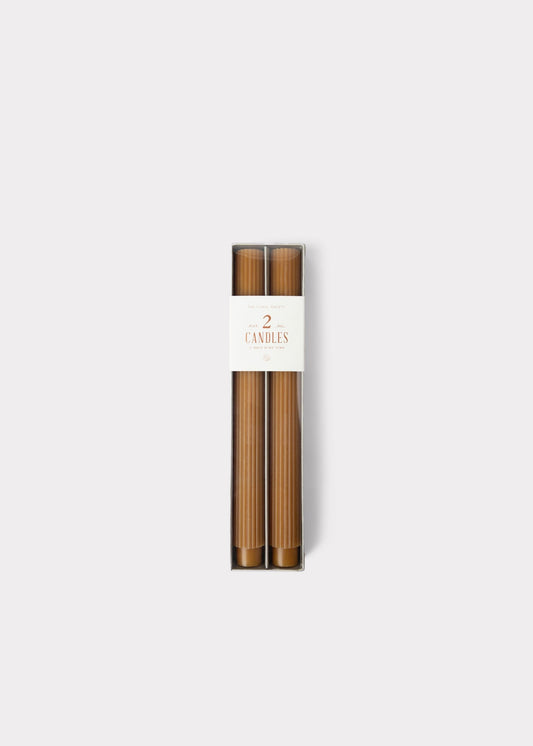Set of 2 Ribbed Taper Candles in Caramel Hue - 10"